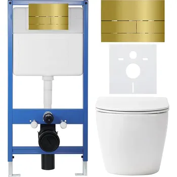 WC sada CERANO - Kompletní podomítkový WC set Lite/Verde - bílá lesklá - WC tlačítko Line, zlatá - předstěnová instalace - 49x36 cm