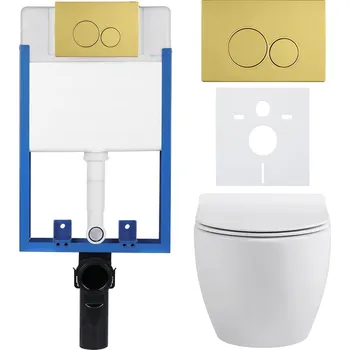 WC sada CERANO - Kompletní podomítkový WC set Lite/Dure - bílá lesklá - WC tlačítko Duo, zlatá - k zazdění - 51,5x35 cm