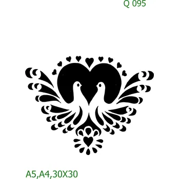 Plastová šablona pro malování - Srdce a věnečky - Hrdličky v srdci (Q095) - A5 , Lepící fólie