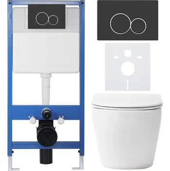 WC sada CERANO - Kompletní podomítkový WC set Lite/Verde - bílá matná - WC tlačítko Duo, černá matná - předstěnová instalace - 49x36 cm