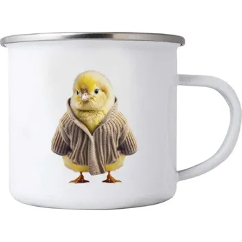 Bílý plechový hrnek 380ml s obrázkem - kuře ve svetru