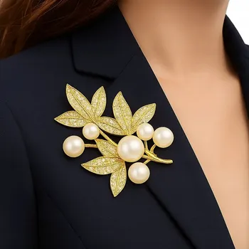 Brož Brož Perly Zirkony Elegantní Květina Listy