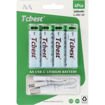 Článková baterie Tcbest Dobíjecí baterie R6 4 ks + kabel USB-A na 4x USB-C