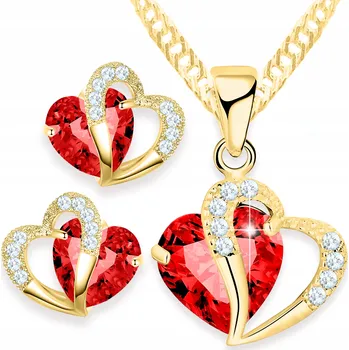 Souprava šperků Zlatá Sada Náhrdelník a Náušnice Červená Křišťálová Srdce STŘÍBRO 925