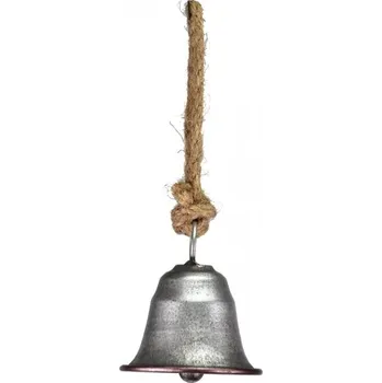 Vánoční dekorace Kovový zvonek stříbrný na jutovém provaze 8x7,3x25 cm
