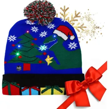 Čepice Vánoční čepice s LED osvětlením a bambulí Vánoční dinosaurus modrá