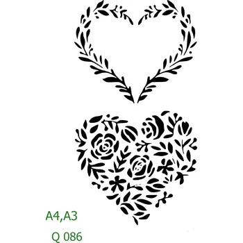 Plastová šablona pro malování - Srdce a věnečky - Dvě ornamentové srdce (Q086) - A3 , Lepící fólie
