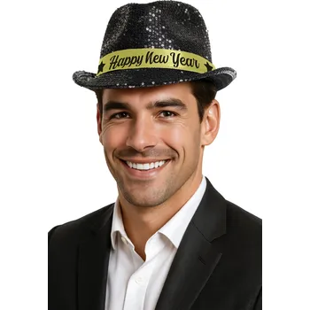 Klobouk Klobouk Happy New Year černé flitry