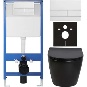 WC sada CERANO - Kompletní podomítkový WC set Lite/Verde - černá lesklá - WC tlačítko Line, bílá - předstěnová instalace - 49x36 cm