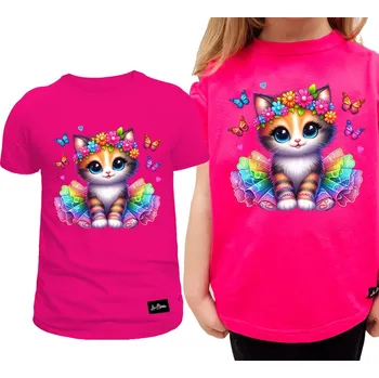Dívčí tričko Dětské tričko Fuchsia s kočkou pro dívku, velikost 134