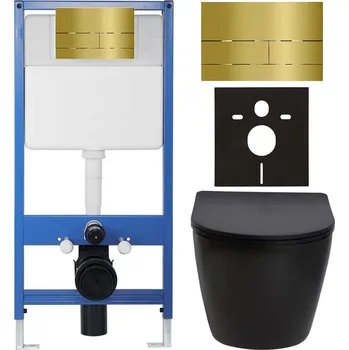 WC sada CERANO - Kompletní podomítkový WC set Lite/Verde - černá matná - WC tlačítko Line, zlatá - předstěnová instalace - 49x36 cm