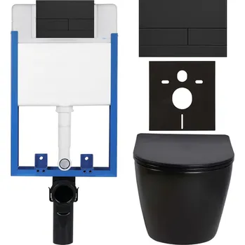 WC sada CERANO - Kompletní podomítkový WC set Lite/Verde - černá lesklá - WC tlačítko Line, černá matná - k zazdění - 49x36 cm