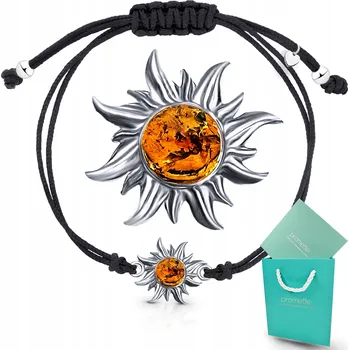 Náramek Stříbrný náramek s jantarem na šňůrce – slunce, život, energie – jako dárek