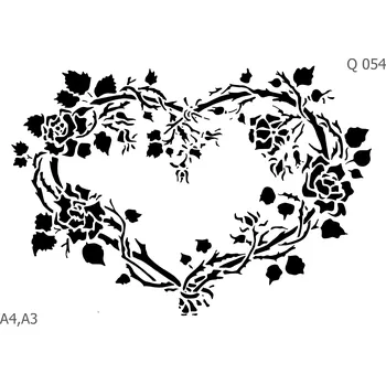 Plastová šablona pro malování - Srdce a věnečky - Srdce z rostlin (Q054) - A4 , Lepící fólie