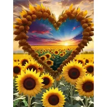 Diamantové malování Diamantové malování/Homfun - Srdce a slunečnicové pole + třpytivé kamínky
