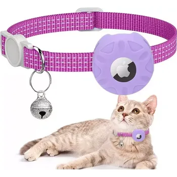 TopTechnology Reflexní obojek pro kočky s pouzdrem na AirTag a zvonečkem (fialový)