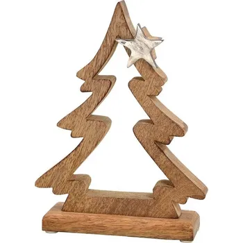 Vánoční dekorace Harasim velkoobchod s. r. o. Vánoční dřevěný stromeček z&nbsp;mango dřeva se stříbrnou hvězdou 23 x 17 cm