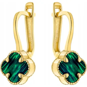 Náušnice ZLATÉ Dámské NÁUŠNICE s Anglickým Zapínáním ryzost 585 Čtyřlístky s Malachitem 14k
