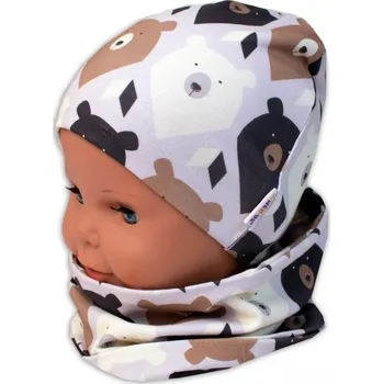 Dětská móda Baby Nellys Dvouvrstvá čepice + komínek Medvědi, hnědá/smetanová, vel. 92/98 (Obvod: 48-50 cm, barva: hnědá/smetanová, Vel. 92/98)