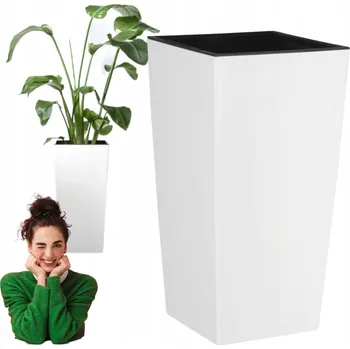 Květináč Květináč na terasu s vložkou 12,6 x 20 cm, plastový, matný, vysoký, bílý