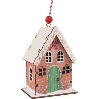 Vánoční dekorace Dřevěný domek barevný s glitry na zavěšení 7 x 9,5 x 5 cm