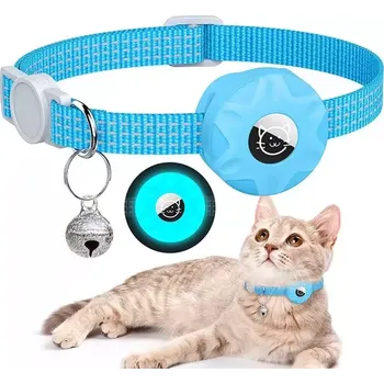 TopTechnology Reflexní obojek pro kočky s pouzdrem na AirTag a zvonkem (Luminiscenční modré)