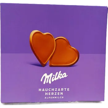Bonboniéra MILKA HAUCHZARTE HERZEN Alpenmilch - čokoládová srdíčka z mléčné čokolády 28ks 130g