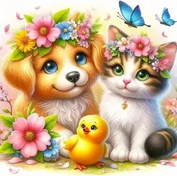 Diamantové malování Diamantové malování/Homfun - Štěně, kotě a kuřátko + perleťové kamínky (30x30)