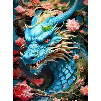 Diamantové malování Diamantové malování/Homfun - Modrý drak v květinách + perleťové kamínky