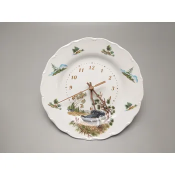 Hodiny Porcelánové hodiny talíř dřevěné ručičky Tetřev
