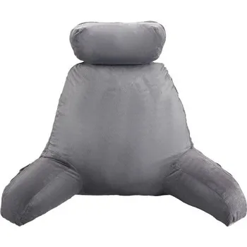 Polštář VEVOR Čtecí polštář , velký polštář na postel s odnímatelnou opěrkou hlavy, zádový polštář se 3 kapsami, drcená paměťová pěna a pratelná krátká sametová látka, boční strana s rukojeťmi pro čtení, hraní her, odpočinek, šedý