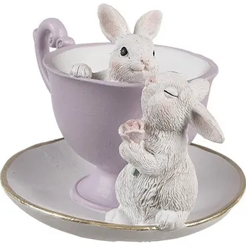 Bytová dekorace Dekorace králíčci v růžovém šálku s květinami - 16*13*12 cm