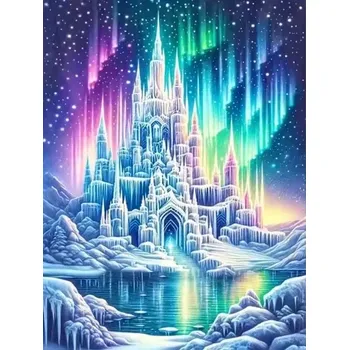 Diamantové malování Diamantové malování/Homfun - Ledový zámek a polární záře + perleťové kamínky