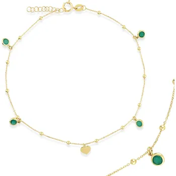 Řetízek Lillian Vassago Zlatý řetízek na nohu se smaragdy, kuličkami a srdcem LLV22-GBL012YS