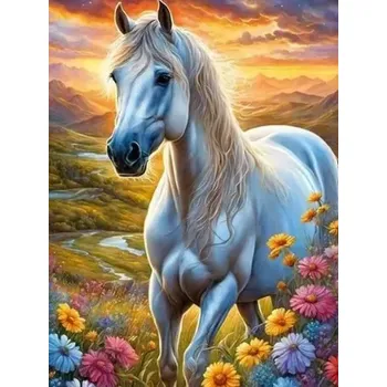 Diamantové malování Diamantové malování/Homfun - Bílý kůň a květiny + třpytivé kamínky