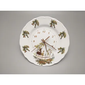 Hodiny Porcelánové hodiny talíř 27cm dřevěné ručičky Srna