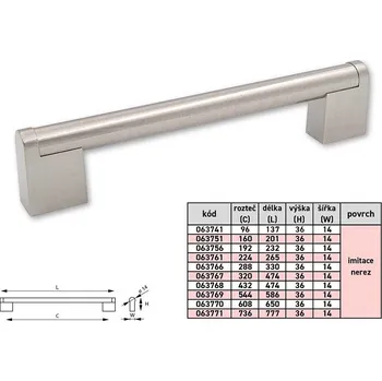 Nábytkové kování 63761 úchytka ALENA rozteč 224mm imitace NEREZ (Dlouhá úchytka řady ALENA s povrchem imitujícím nerez (pravděpodobně niklovaná nebo speciální úprava). Rozteč 224mm. Designový a cenově dostupnější vzhled.)
