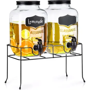 Dávkovač nápoje Dvojitý skleněný nápojový dávkovač s kohoutkem a černým stojanem 2×4 l