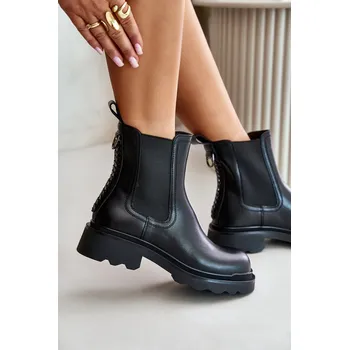 Dámské kozačky Kožené Botky Chelsea S Dekorativním Řetězem Zateplené D&A JC42-86 Barva: Černá, Velikost: 38