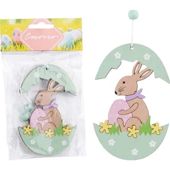 Velikonoční dekorace Dřevěný závěs 2 ks - 70×110 mm, zajíček se zeleným vajíčkem