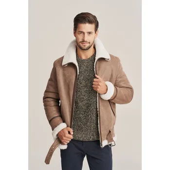 Pánský zimní kabát Pánský dubeňák z ovčí kůže v béžové barvě (M - 48)