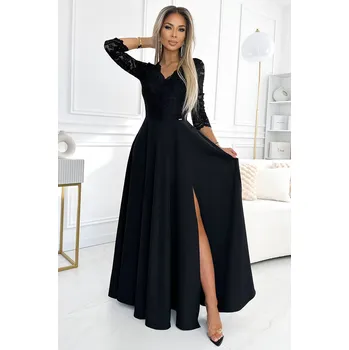 Dámské šaty Elegantní čierne krajkové dlouhé šaty s výstřihem ELISA 309-11 Velikost: 3XL
