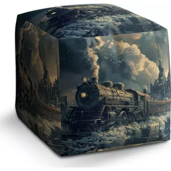 Taburet Sablio Taburet Cube Parní lokomotiva v zasněženém městě: 40x40x40 cm