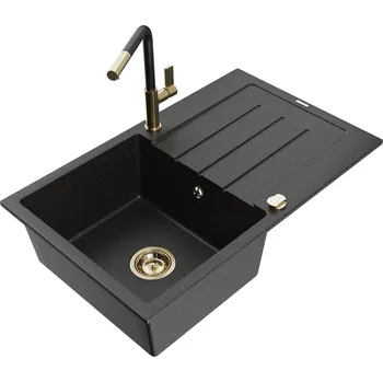 Granitový dřez MEXEN/S - Bruno granitový dřez 1 s odkapávačem včetně baterie Flora, černá/stříbrná metalik 6513-73-670401-57-G