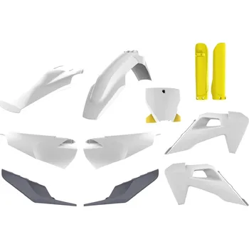 POLISPORT FULL KIT HUSQVARNA TC/FC TPI '19-'22 PŘEDNÍ DESKA (8666500006) A KRYTY TLUMIČŮ (8398900004) BÍLÁ ŠEDÁ ŽLUTÁ