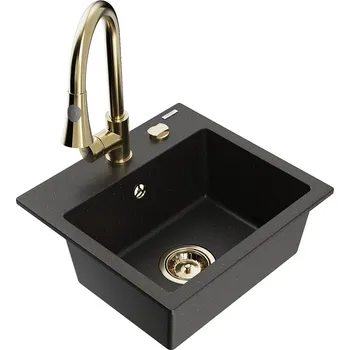 Granitový dřez MEXEN/S - Milo granitový dřez 1-miska včetně baterie Elia, černá/zlatá metalik 6505-75-670101-50