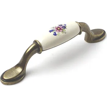 Nábytkové kování 91454- Úchyt 96mm porcelán kytka (Dekorativní úchytka s porcelánovou vložkou s květinovým motivem. Rozteč 96mm. Romantický a jemný vzhled pro kuchyně nebo ložnice.)
