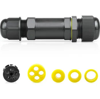 Elektroinstalační krabice Interlook Hermetická kabelová spojka IP68 | vodotěsné šroubovací 5pinové rozbočovací konektor 1→4, 450 V 32 A pro kabely 4–14 mm a 3–7 mm | M685-1in4out