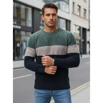 Pánské oblečení Zeleno-modrý pánský svetr s kulatým výstřihem WX2319 Velikost: 2XL