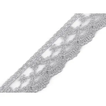 Krajka Vyšívaná krajka na monofilu šíře 40 mm, střední, 3 stříbrná